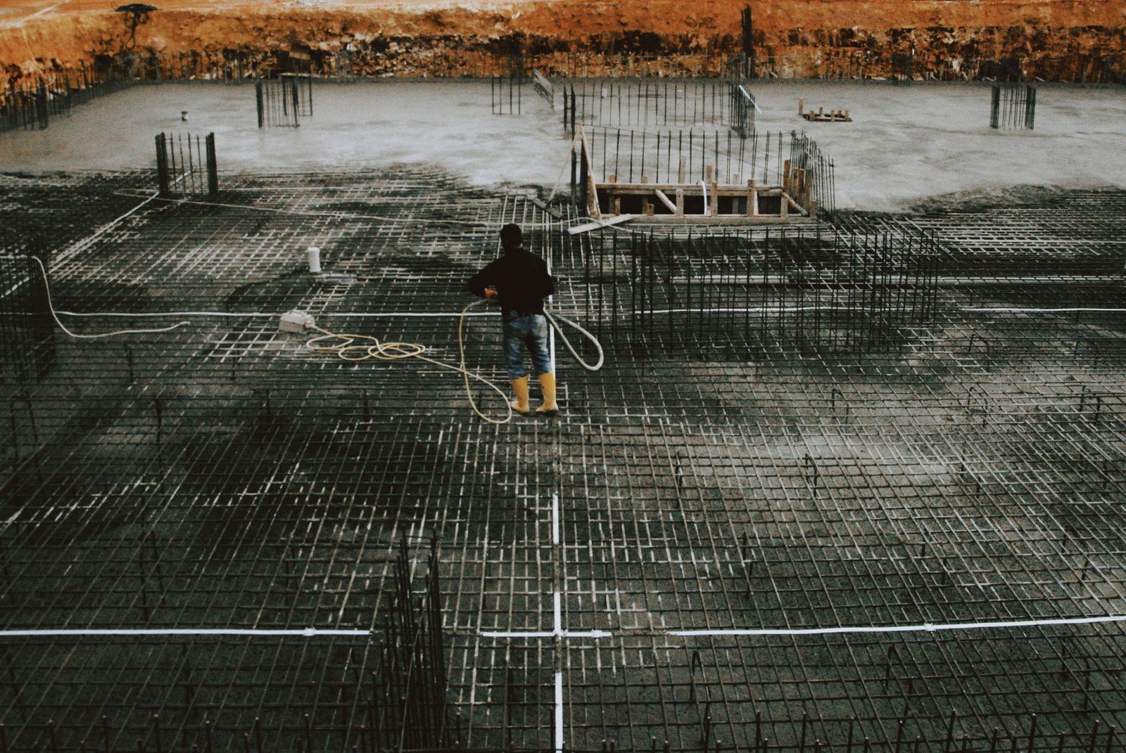 Steel reinforcement laid for a concrete foundation slab