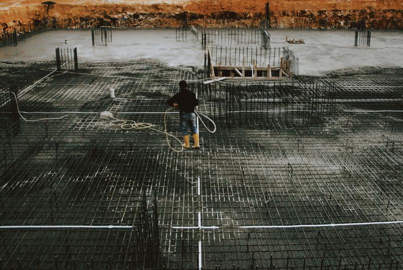 Steel reinforcement laid for a concrete foundation slab