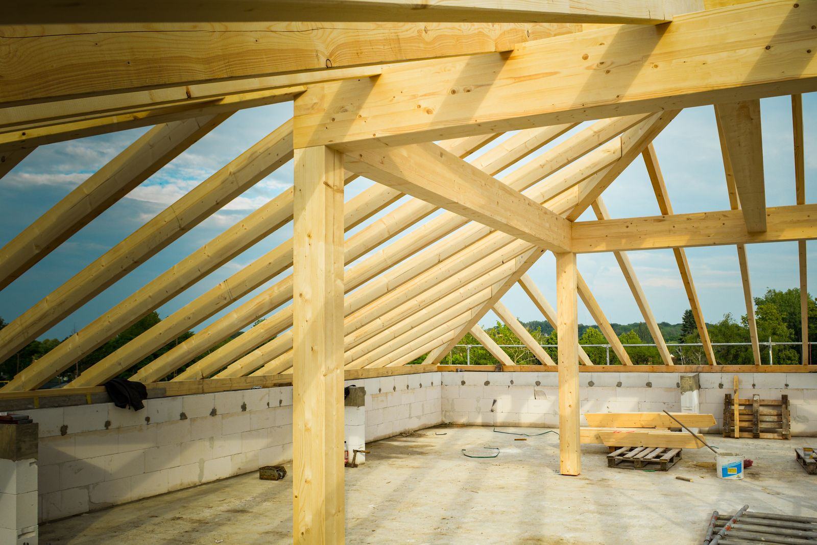 Timber roof trusses on a house under construction