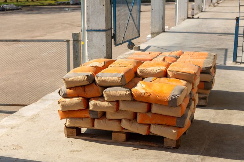 Pile of orange cement bags on a wooden pallet in an industrial setting