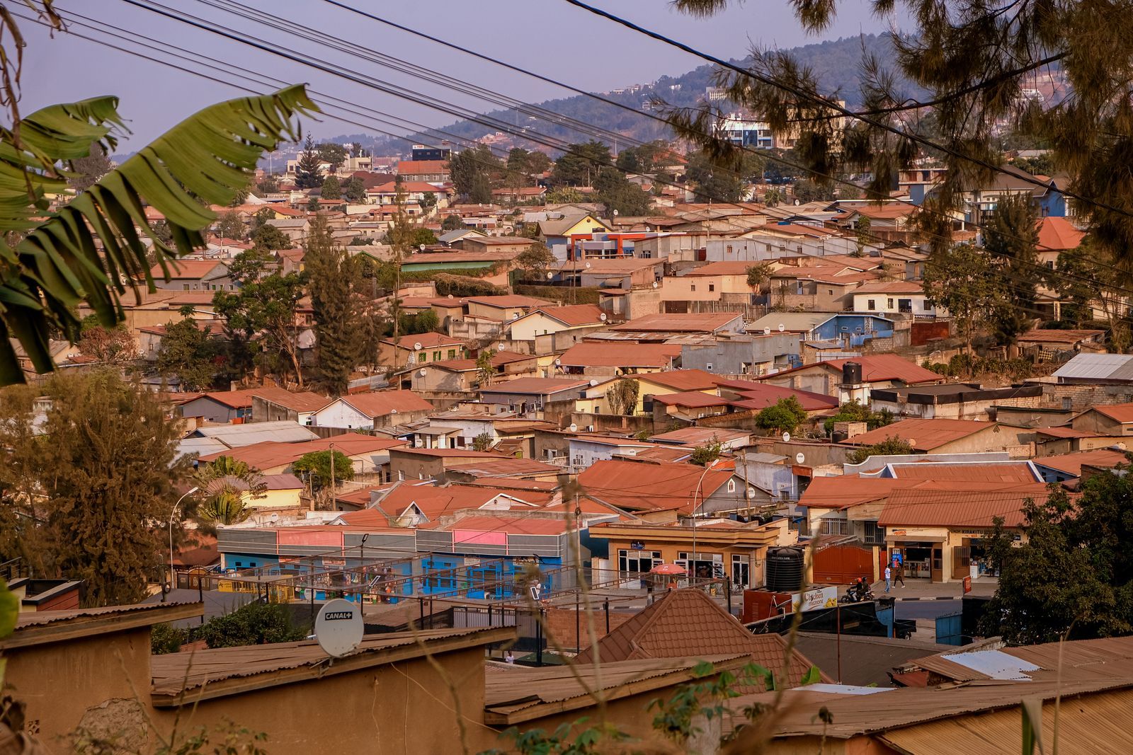 Aerial view of Kigali's suburban rooftops with lush hills in the background