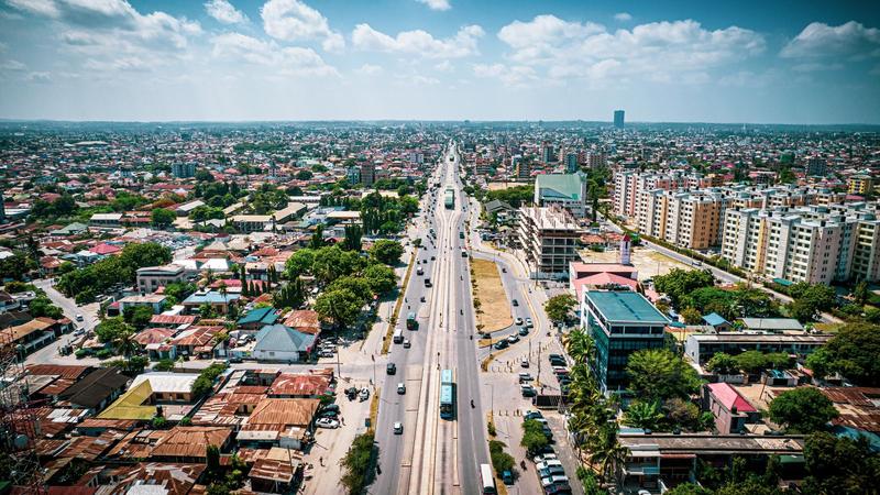 Aerial view of a main road and buildings in Dar es Salaam