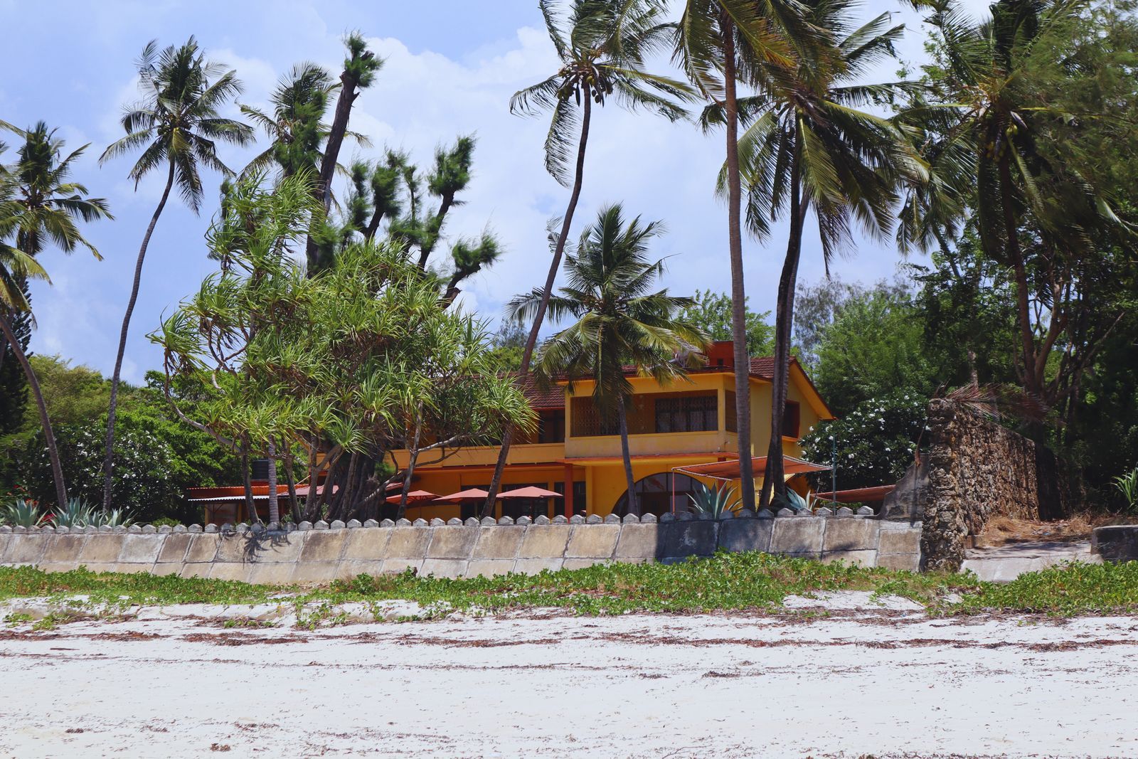 A beachfront house in Mombasa, Kenya, surrounded by palm trees and lush greenery