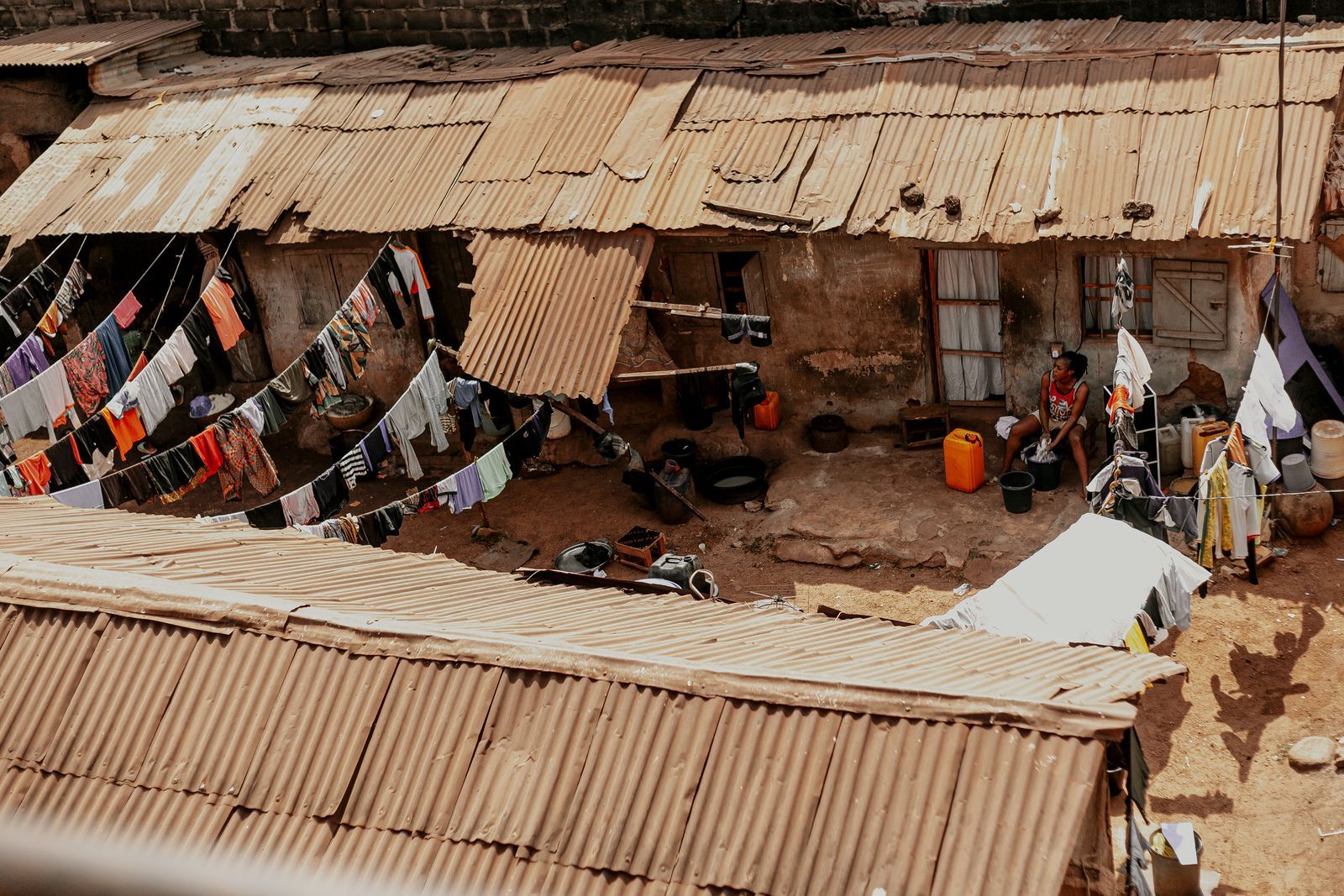 Iron sheet roofs on houses in a West African neighbourhood