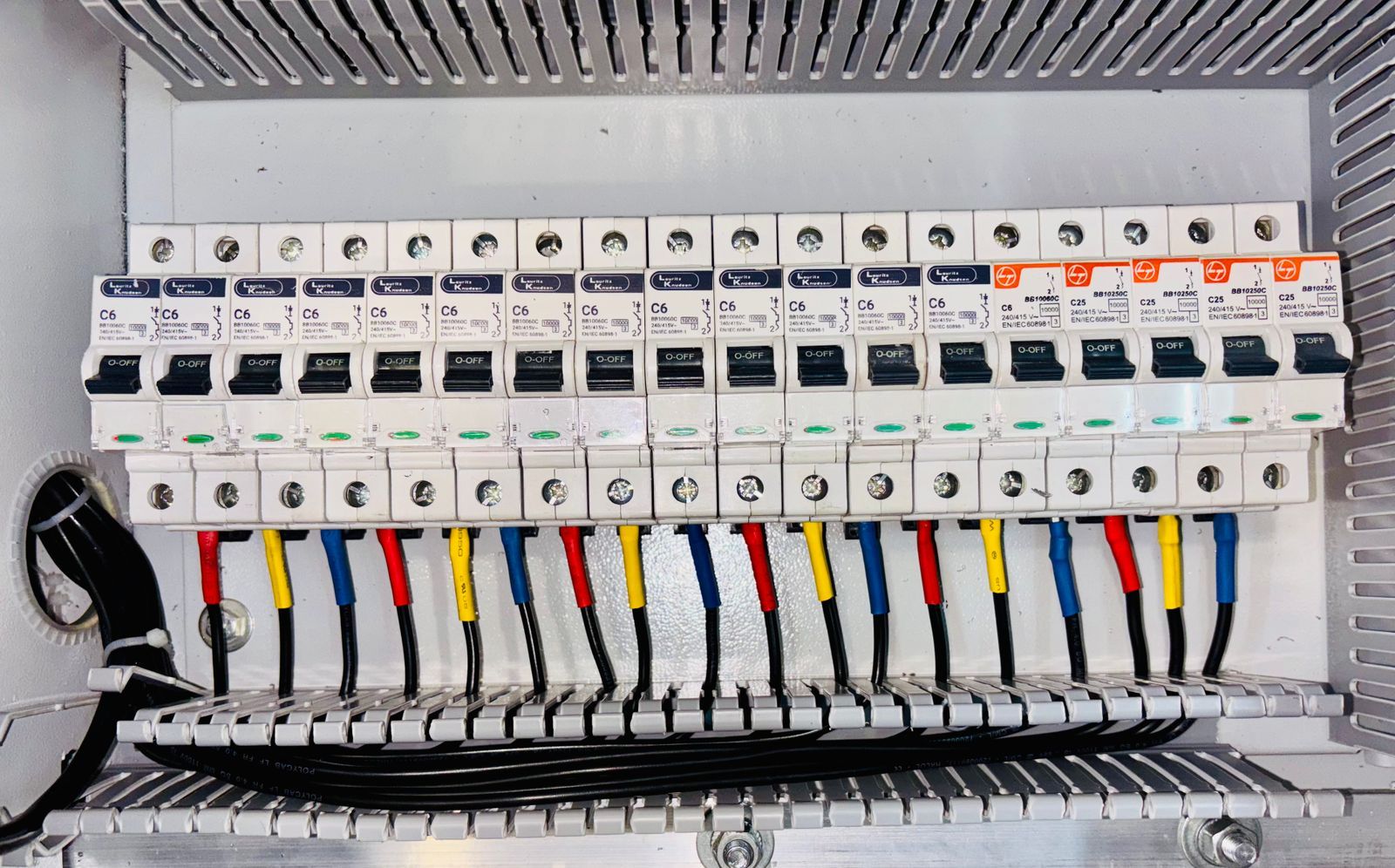 Close-up of an organized circuit breaker panel