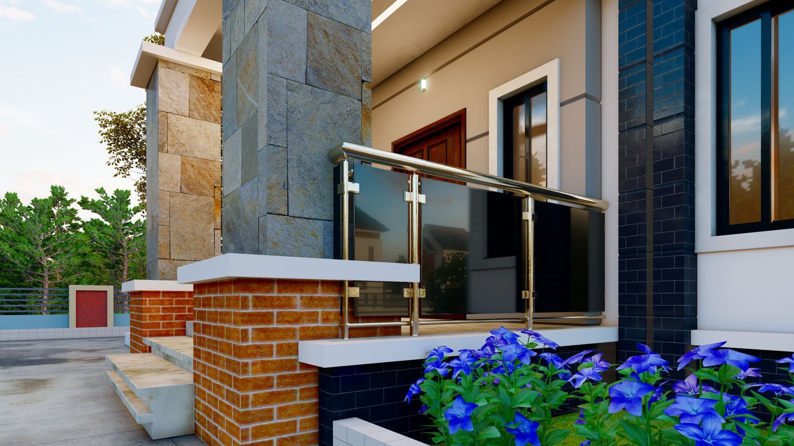 Modern family house entrance with a balcony and garden