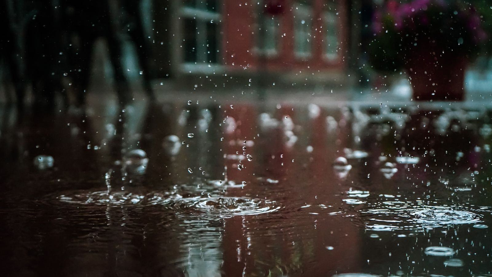 Rain falling into a puddle on the ground